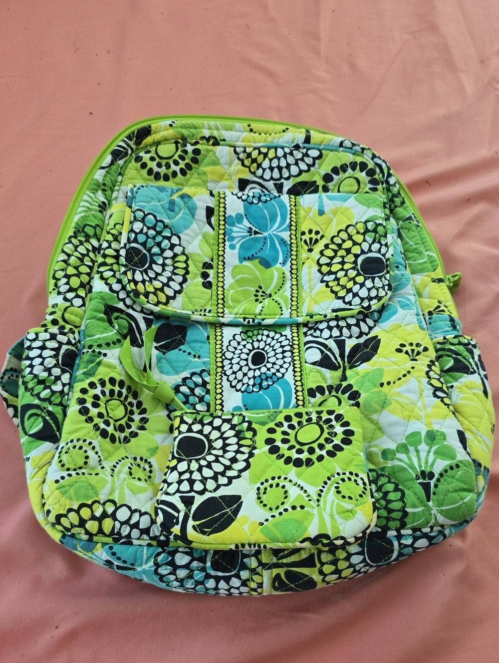 Quilted Floral Backpack in Lime Green and Teal